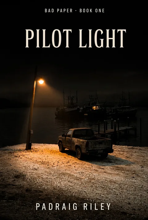 Cover of Pilot Light by Padraig Riley: a truck under a streetlight by a dark harbor