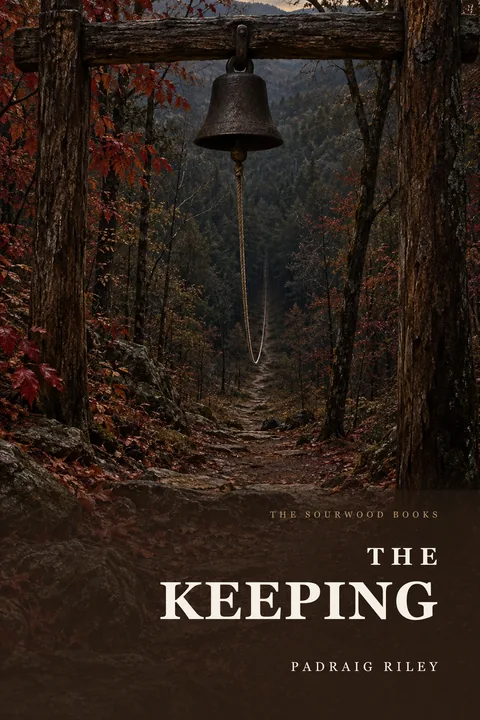 Cover of The Keeping by Padraig Riley: a bell hanging over a mountain path
