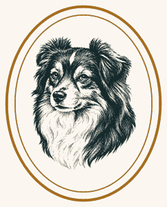 Pippa Press: an engraving of Pippa, a long-haired dog, in a brass oval